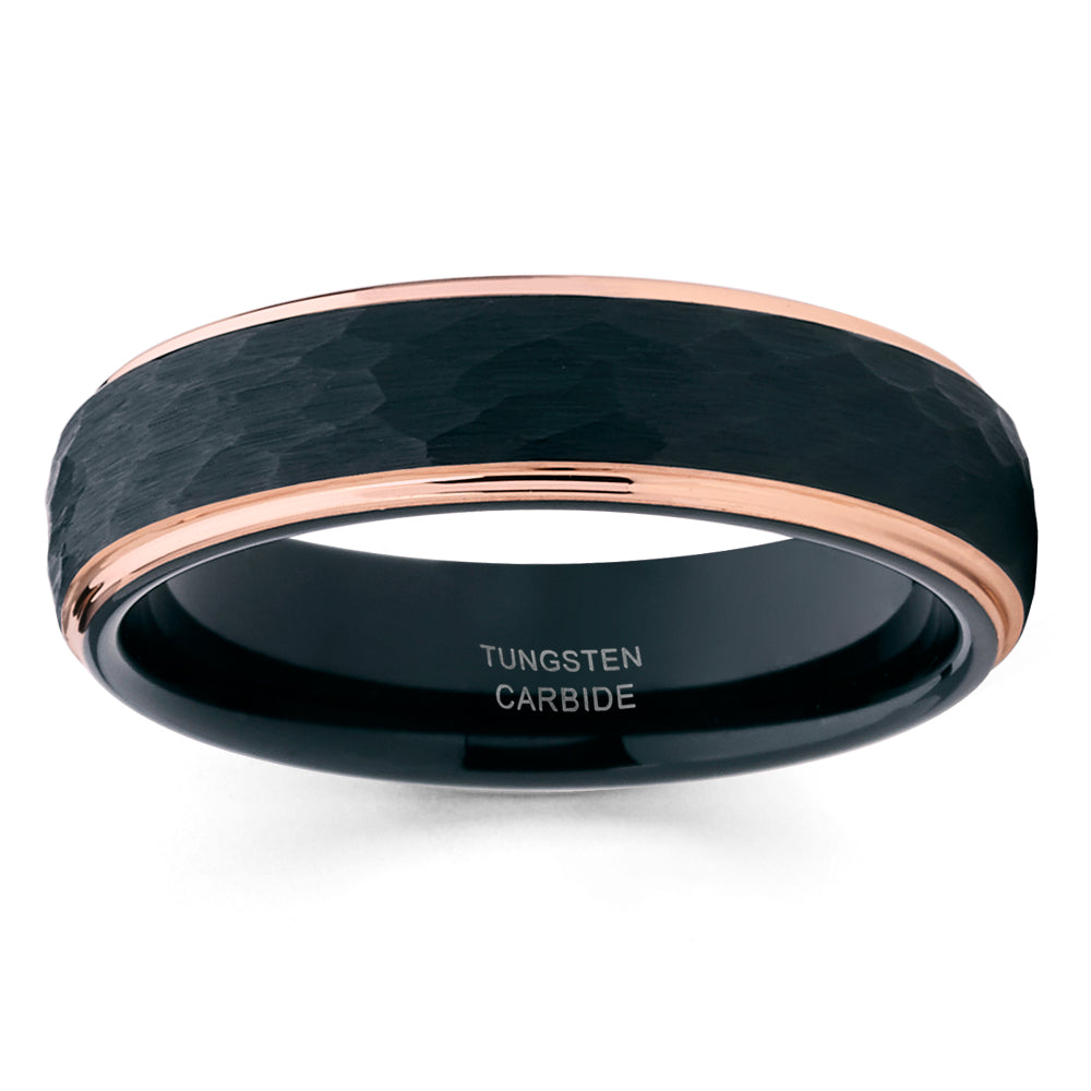 6MM Black Tungsten Ring Rose Gold Wedding Ring Tungsten Carbide Ring Hammered