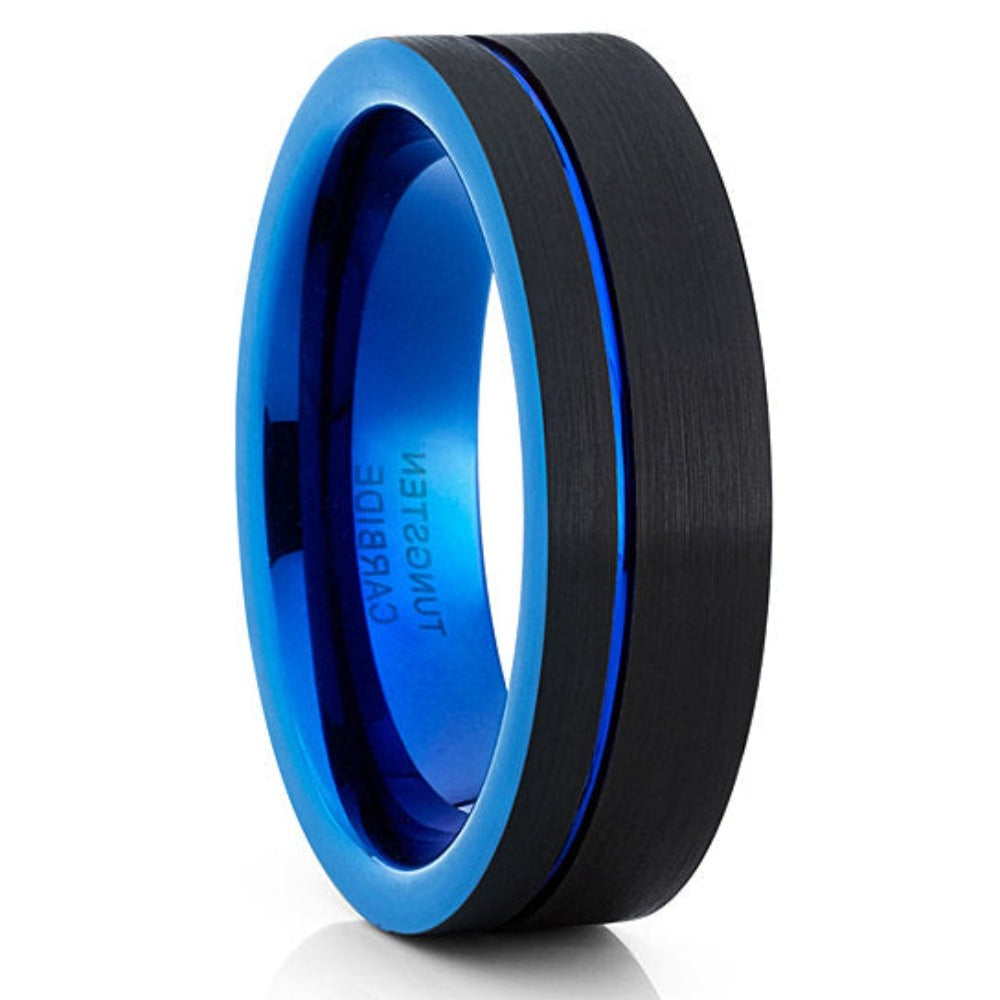 6mm Blue Tungsten Wedding Ring Black Tungsten Ring Engagement Ring Offset Groove