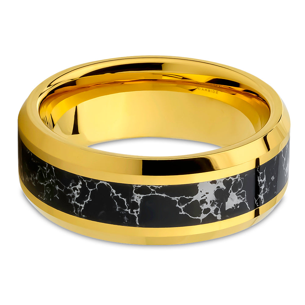 Yellow Gold Tungsten Ring 8mm Wedding Ring Onyx Wedding Ring