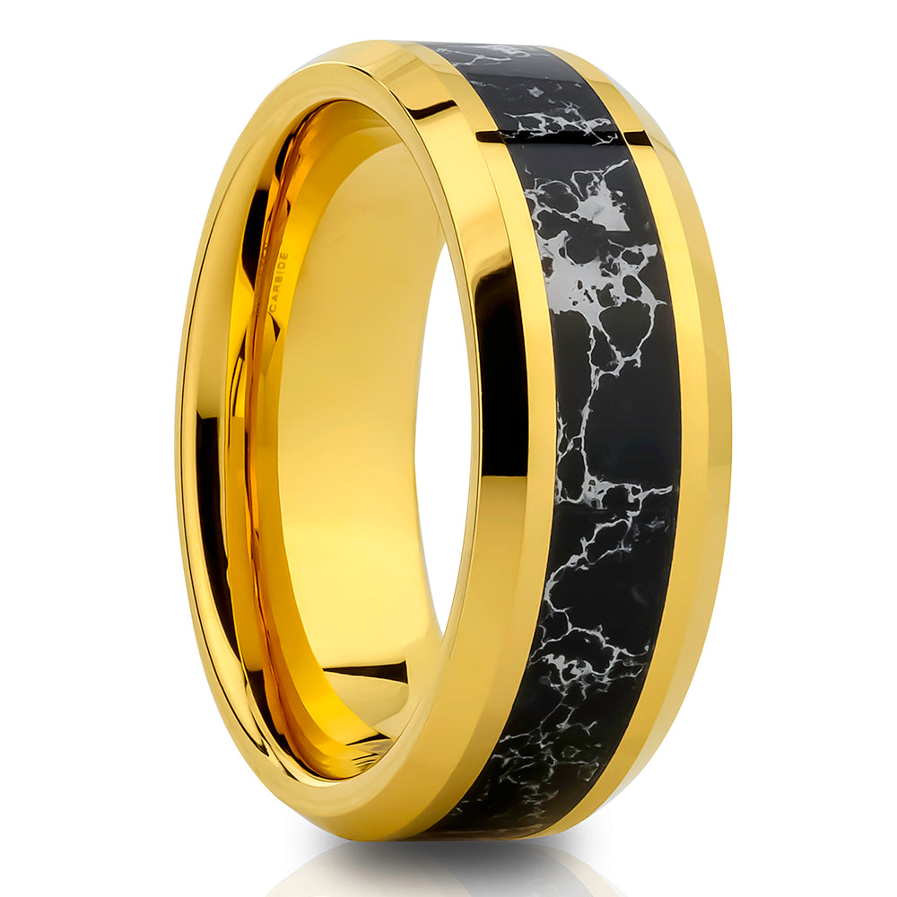Yellow Gold Tungsten Ring 8mm Wedding Ring Onyx Wedding Ring