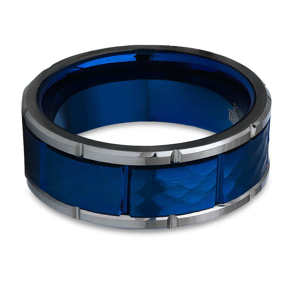 Blue Tungsten Wedding Ring 8mm Wedding Ring Hammered Wedding Ring Silver Ring