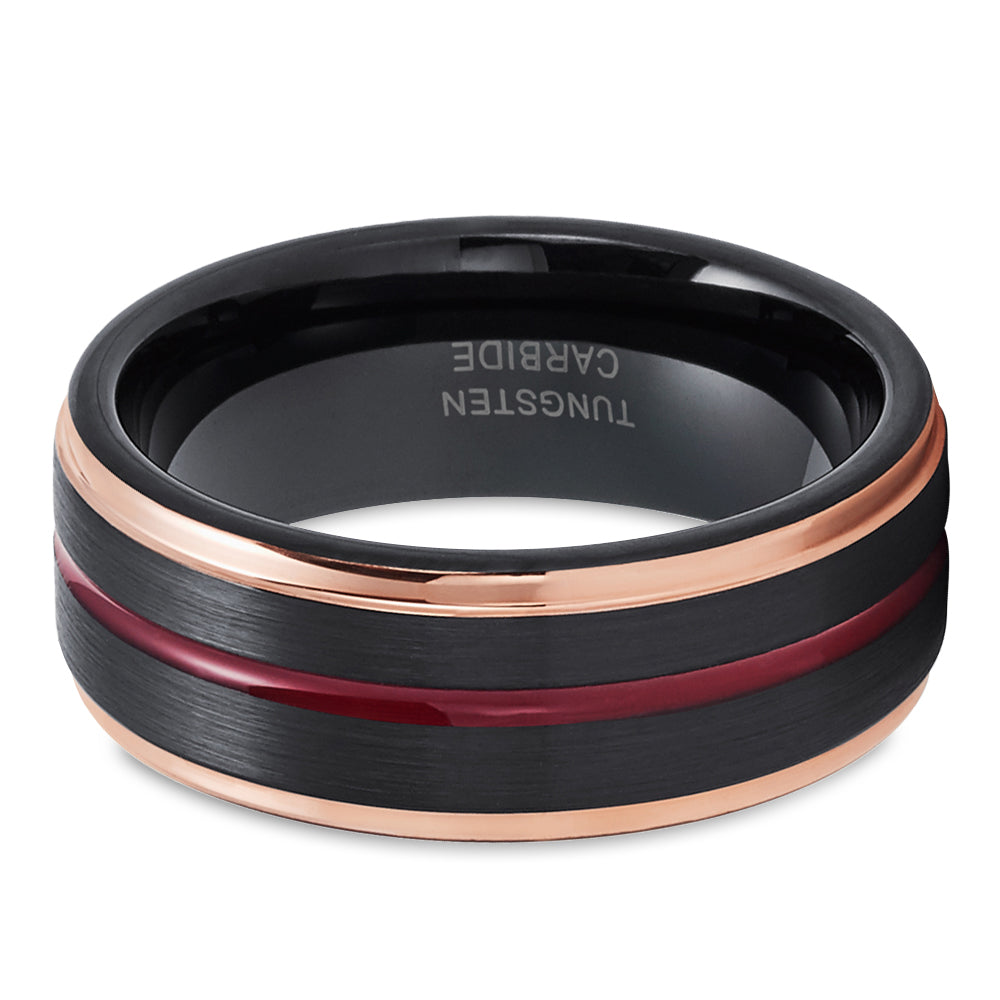 Maroon Wedding Ring,Black Tungsten Ring,8mm Wedding Ring,Rose Gold Tungsten Ring,Engagement Ring