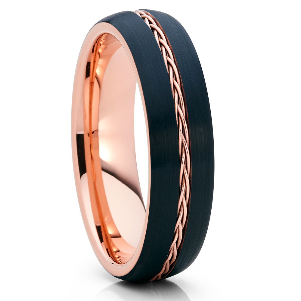 6mm Rose Gold Tungsten Ring Braid Wedding Ring Anniversary Black Ring