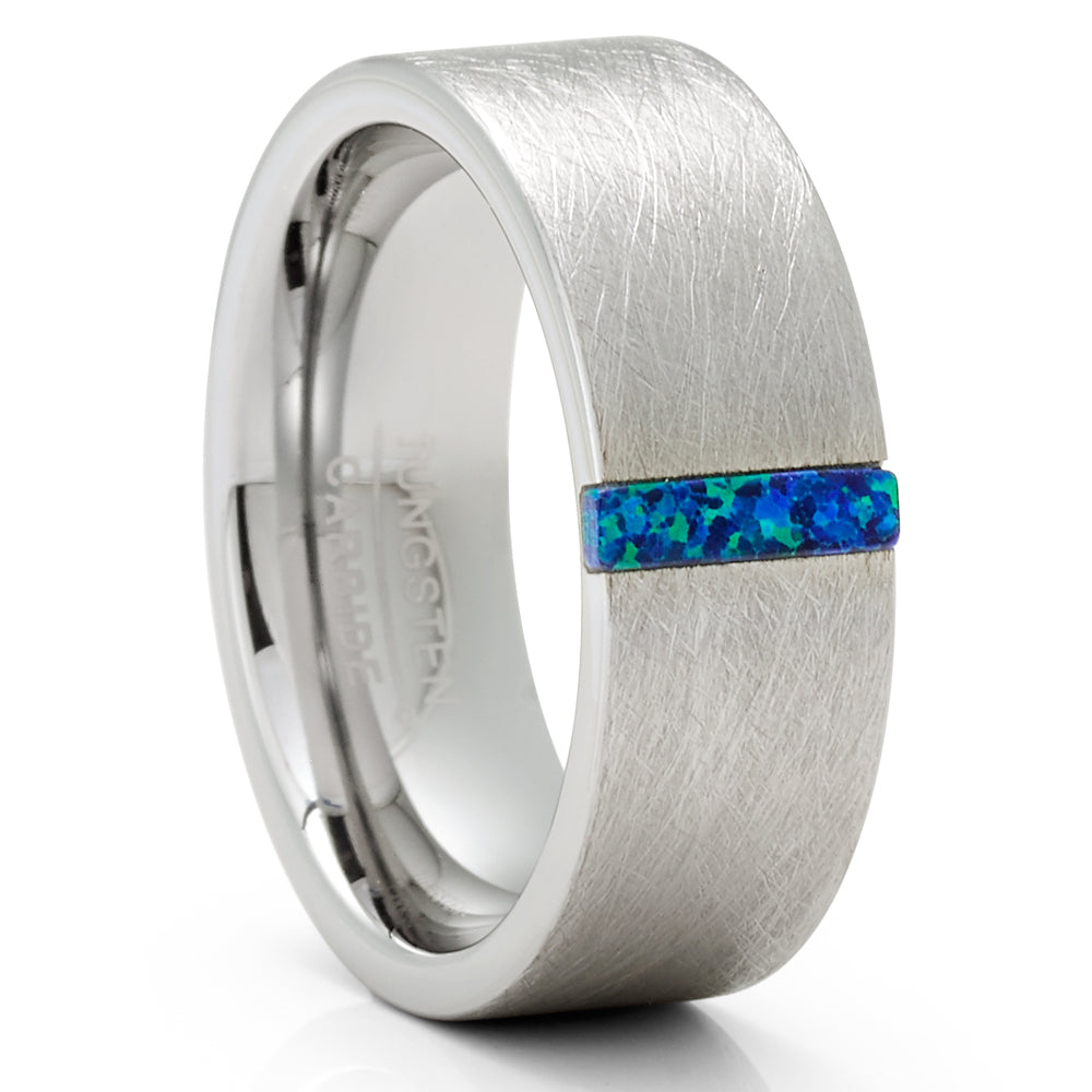 Blue Opal Wedding Ring Tungsten Wedding Ring Engagement Ring Anniversary Ring