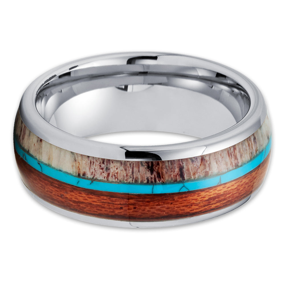Deer Antler Wedding Ring,Silver Tungsten Ring,Turquoise Wedding Ring,8mm Wedding Ring,Koa Wood Ring
