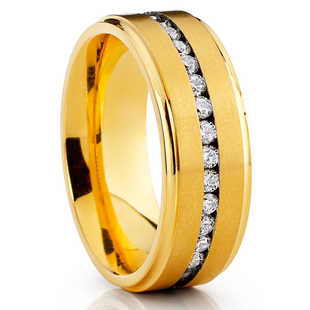 Yellow Gold Titanium Ring CZ Wedding Ring Anniversary Ring 8mm