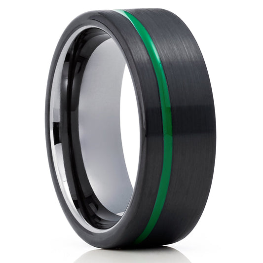 Gunmetal Wedding Ring,Black Tungsten Ring,8mm Tungsten Ring,Anniversary Ring,Green Wedding Ring