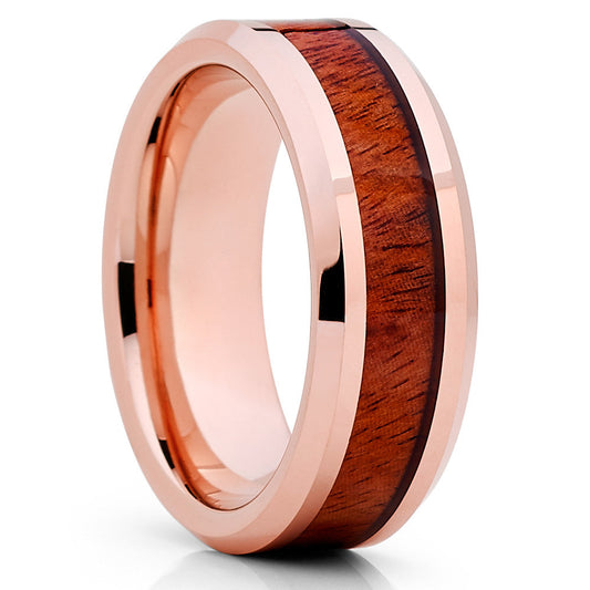 Rose Gold Wedding Ring Koa Wood Wedding Ring Tungsten Wedding Ring 8mm
