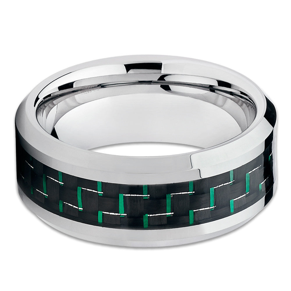 Green Carbon Fiber Ring,Tungsten Wedding Ring,9mm Wedding Ring,Engagement Ring,Silver Tungsten Ring,Comfort Fit