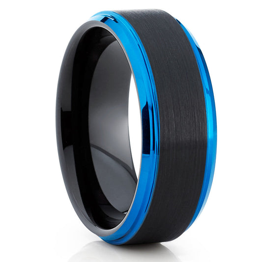 Blue Tungsten Wedding Ring Black Wedding Ring 8mm Wedding Ring