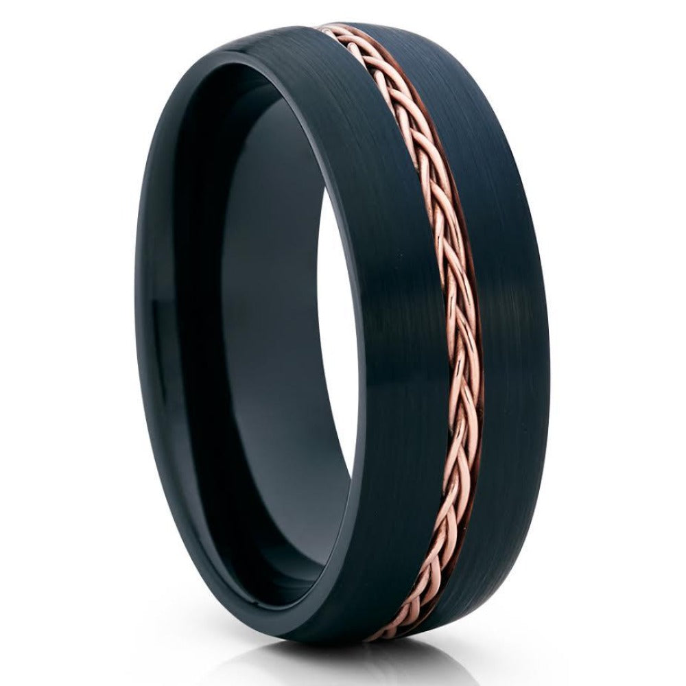 Black Tungsten Wedding Band - Rose Gold Tungsten Ring - Braid Ring - Brush - Clean Casting Jewelry 