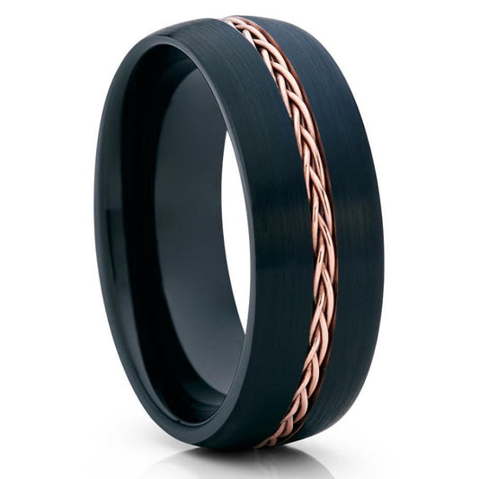 Black Tungsten Wedding Band - Rose Gold Tungsten Ring - Braid Ring - Brush - Clean Casting Jewelry 