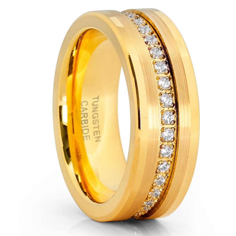 Yellow Gold Wedding Ring 8mm Wedding Ring Tungsten Carbide Ring CZ Ring