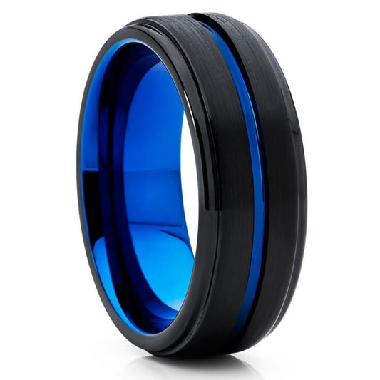 Blue Tungsten Wedding Band - Black - Blue Tungsten Ring - Men's Ring - Clean Casting Jewelry 