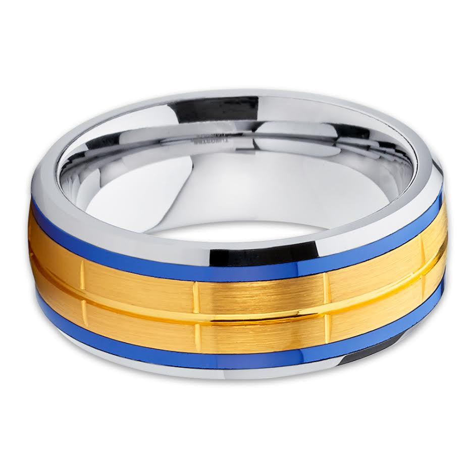 Blue Tungsten Wedding Ring 8mm Wedding Ring Anniversary Ring Yellow Gold